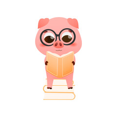 Childish animal character with glasses reading book while sitting on books, cute pig in cartoon style preparing for exam or studying