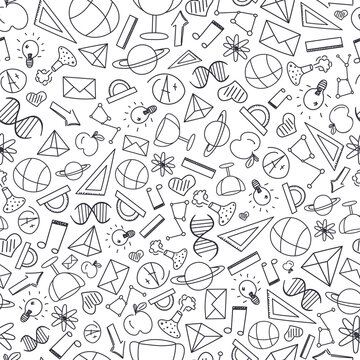 Doodle seamless pattern for school theme,hand drawn elements about math, science and education for print or fabric