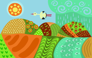 Fototapeta premium Abstract field or vegetable garden. Image of farm with crop. River or lake with fish. Hills with trees. Beautiful garden. Village landscape with rain. Children's drawing. Vector illustration. 