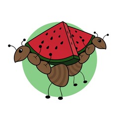 Illustration of Brown Ant Carries Watermelon on its Back Cartoon, Cute Funny Character, Flat Design