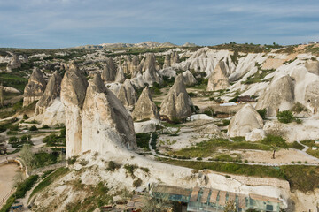 Panorama with magnificent stone structures and caves near Goreme at Cappadocia, Anatolia, Turkey