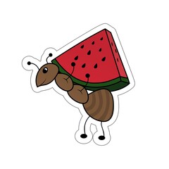 Sticker of Brown Ant Carries Watermelon Cartoon, Cute Funny Character, Flat Design