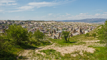 Fototapeta na wymiar Panorama from a top of a hill over Goreme at Cappadocia, Anatolia, Turkey
