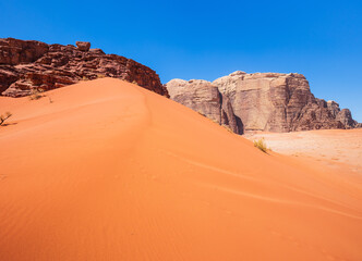 Sand dunes in Wadi Rum Desert, Jordan. The red desert.