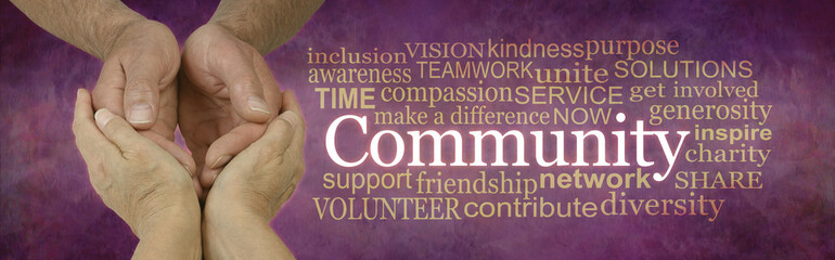 Careworker in the Community Campaign Word Cloud - female hands holding male cupped hands beside a  COMMUNITY word cloud against a rustic stone effect warm purple red  background 
