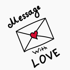 Simple hand drawn lovely envelope vector design with red heart and black outlines, Valentines day holiday postcard.