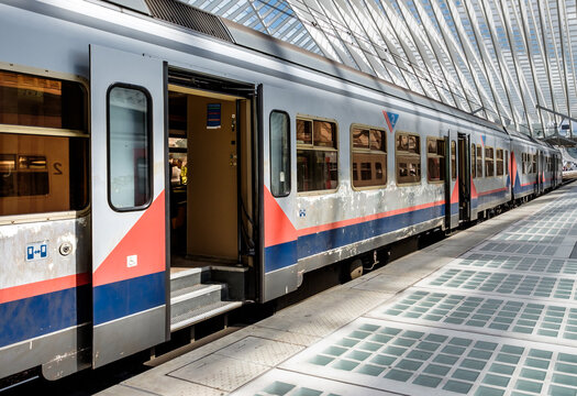 Belgian Railway Train in the modern railway station of Liege in August 2020.