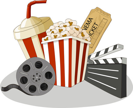 Composition of cinema objects, popcorn, cola, ticket, clapperboard, film. Cartoon style vector illustration.