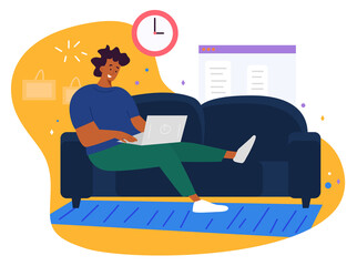 A man freelancer sitting on cozy sofa and working using laptop. Concept of remote work from home. Flat design Illustration. Vector.