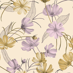 Floral seamless pattern, purple and yellow cosmos flowers with leaves on bright brown