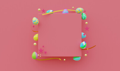 Easter pink template with painted eggs. Design for posters, flyers, brochures or vouchers. 3D render