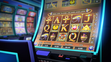 Fototapeta na wymiar Close up view of an Egyptian-themed video slot game on a slot cabinet with curved display and neon lights at the casino game room. 3D rendered illustration