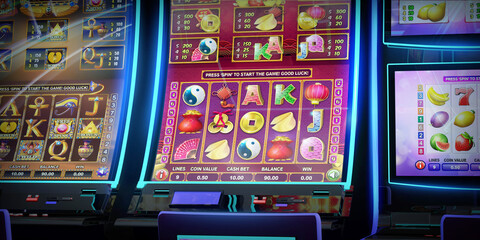 Fototapeta na wymiar Casino gambling banner featuring slot machines of various themes at the casino. 3D rendered illustration 
