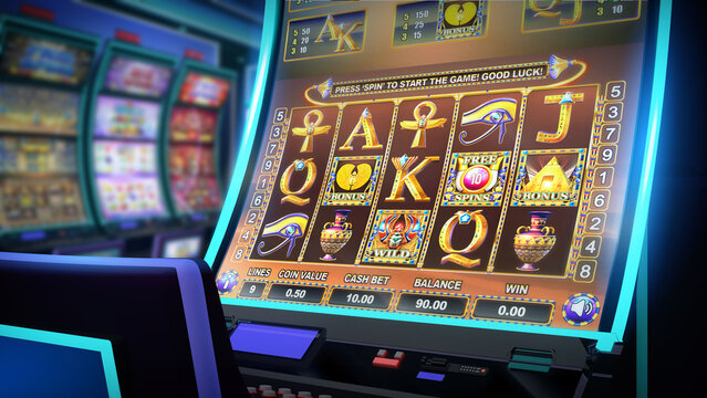 Close up view of an Egyptian-themed video slot game on a slot cabinet with curved display and neon lights at the casino game room. 3D rendered illustration