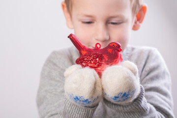 Little boy holding a red bullfinch christmas toy