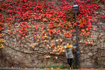 young beautiful woman wall covered in red flowers