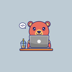 Cute bear working with laptop