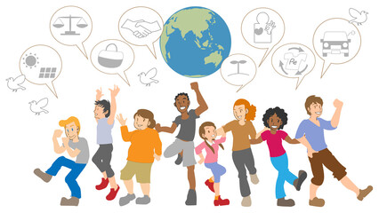 エコ活動を宣言する多国籍の人々