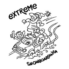 Extreme snowboarding, man snowboarding on the roof of a car driven by his friends, winter sport joke, black and white cartoon