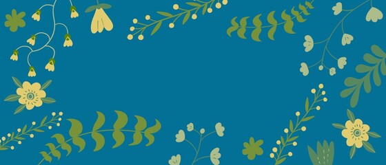 Fototapeta na wymiar Sfondo banner azzurro con piante disegno foglie. Cornice botanica.
