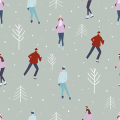 Background with ice rink with various people skating. Winter ice rink party with cartoon characters and falling snow. Crowd of people dressed in winter clothes ice skating on rink. Vector illustration