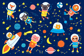 Set of cute animals astronauts, rockets, satellite, UFO, stars in space, vector illustrations in cartoon style. Cartoon animal astronauts, cat, fox, koala, lion, raccoon, giraffe, hare, sloth