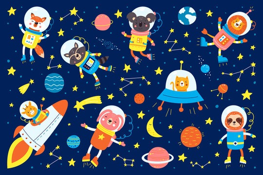 Set of cute animals astronauts, rockets, satellite, UFO, stars in space, vector illustrations in cartoon style. Cartoon animal astronauts, cat, fox, koala, lion, raccoon, giraffe, hare, sloth © tanya_pogorelova