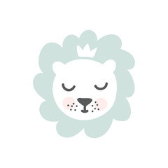 Lion king hand drawn illustration vector in doodle style. Cute lion head. Kids, baby design for cards, poster, nursery wall art, clothing. Scandinavian style