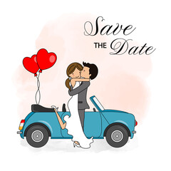 Wedding invitation card. Bride and groom embraced in front of the car