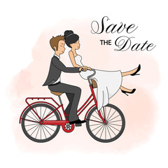 Wedding invitation card. Wedding couple on bicycle