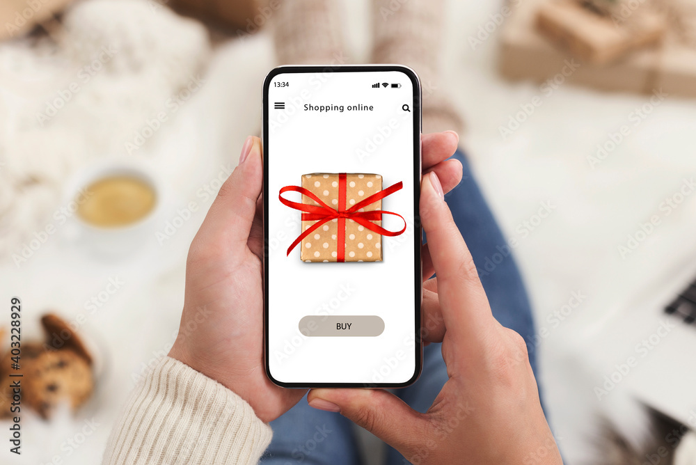 Poster woman using mobile phone and ordering purchase on internet