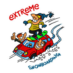 Extreme snowboarding, man snowboarding on the roof of a car driven by his friends, winter sport joke, color cartoon