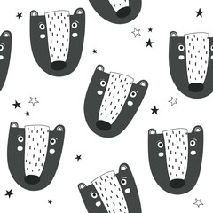 Seamless pattern, bears, stars, hand drawn overlapping backdrop. Black and white background vector. Illustration with animals. Decorative wallpaper, good for printing - 403229701