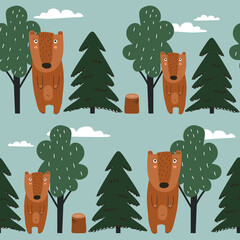 Seamless pattern, bears, trees, fir trees, hand drawn overlapping backdrop. Colorful background vector. Illustration with animals. Decorative wallpaper, good for printing - 403229714