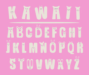 Different cute kawaii alphabet in pastel colors. Cute and kawaii isometric alphabet,  stickers emoticons isolated, kids design. Kawaii font with funny smiling faces. Vector illustration