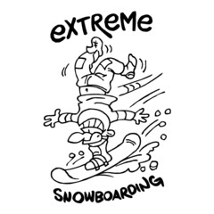Extreme snowboarding, snowboarder doing handstand on board and going downhill, winter sport joke, black and white cartoon