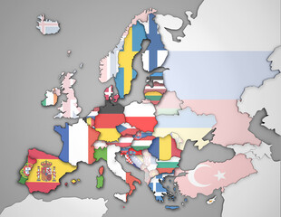 3D Europakarte inkl. Zwergstaaten mit Flaggen der EU Staaten und restlicher Staaten (transparenter) auf kontrastreicher Karte