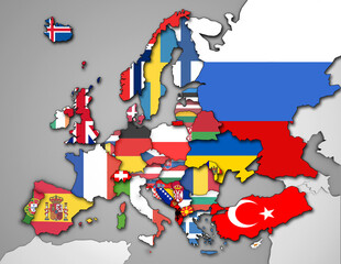 3D Europakarte inkl. Zwergstaaten mit Flaggen der EU Staaten und restlicher Staaten auf kontrastreicher Karte