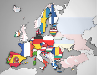 3D Europakarte inkl. Zwergstaaten mit Flaggen der EU Staaten und restlicher Staaten (transparenter)...
