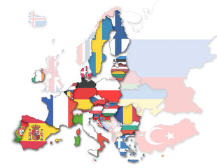 3D Europakarte inkl. Zwergstaaten mit Flaggen der EU Staaten und restlicher Staaten (transparenter) auf weißem Hintergrund