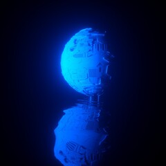Futuristic spherical object reflected in water. Future concept. Technological geometric shape on a black background. Creative techno composition. 3D illustration.