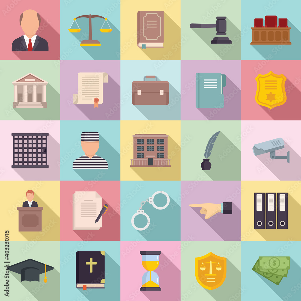 Poster prosecutor icons set. flat set of prosecutor vector icons for web design