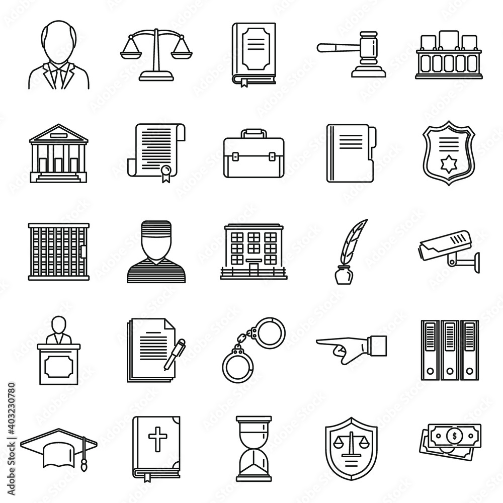 Poster public prosecutor icons set. outline set of public prosecutor vector icons for web design isolated o