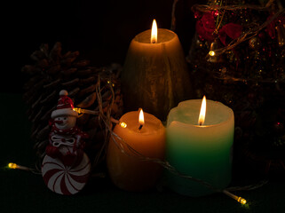 Focus on candles, ready with candles, Christmas trees, and party lights for a luxurious party, new year's Eve atmosphere to welcome the new