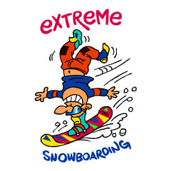 Extreme snowboarding, snowboarder doing handstand on board and going downhill, winter sport joke, color cartoon