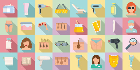 Laser hair removal icons set. Flat set of laser hair removal vector icons for web design