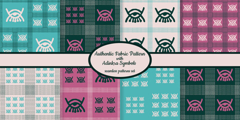 Collection of seamless authentic fabric patterns with african adinkra symbols designed for web, fabric, paper and all prints 