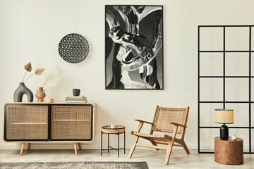 Stylish scandinavian living room interior of modern apartment with wooden commode, design armchair, carpet, abstract paintings on the wall and personal accessories in unique home decor. Template.