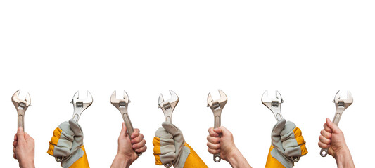 wrench in hand. set of tools. metal tool in a fist. device in the palm. the master holds an adjustable wrench