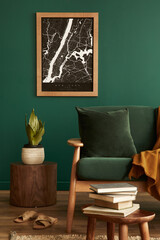 Stylish living room in house with modern retro interior design, velvet sofa, carpet, stool, brown wooden furniture, plants, poster mock up map, book, lamp and perosnal accessories in home decor.